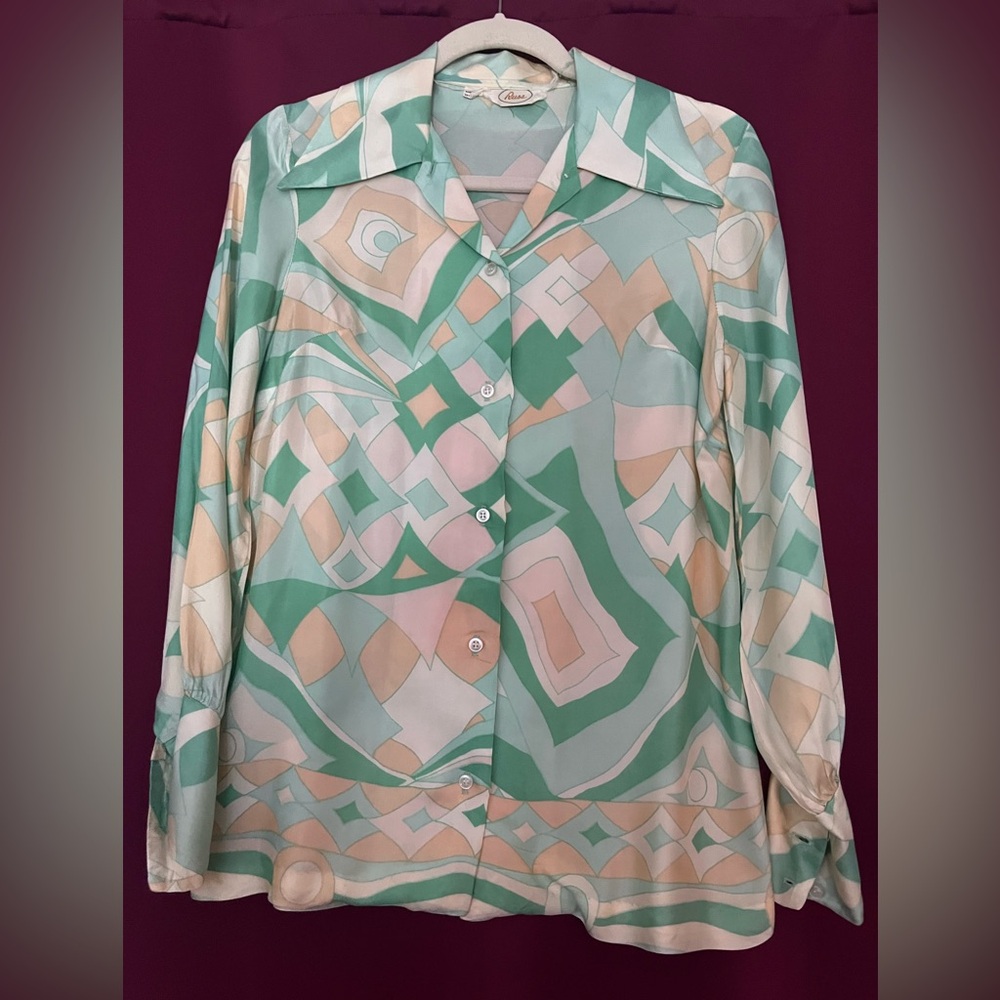 Vintage 1970s Russ Geometric Button-Up Blouse in Mint, Peach & Cream